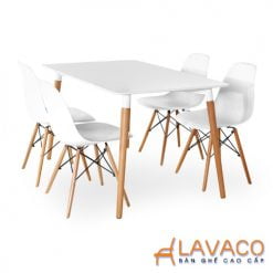 Bộ bàn ăn, cafe cho 4 người gồm bàn T108 0.8×1.2×0.75m và 4 ghế eames nhựa chân gỗ 207 – góc 1
