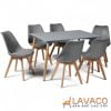Bộ bàn ăn, cafe cho 6 người gồm bàn T108 0.8×1.2×0.75m và 6 ghế eames nhựa lót nệm chân gỗ 205 mã T108- 205 – góc 1