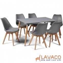 Bộ bàn ăn, cafe cho 6 người gồm bàn T108 0.8×1.2×0.75m và 6 ghế eames nhựa lót nệm chân gỗ 205 mã T108- 205 – góc 1