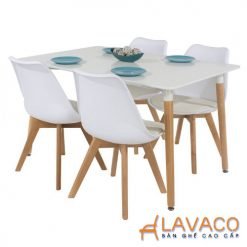 Bộ bàn ăn, cafe cho 4 người gồm bàn T108 0.8×1.2×0.75m và 4 ghế eames nhựa lót nệm chân gỗ 205 mã T108-205 – góc 1