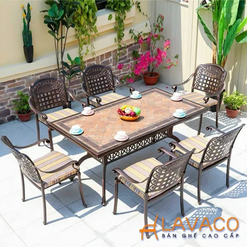 Bộ bàn ăn mặt đá ngoài trời sân thượng 6 ghế