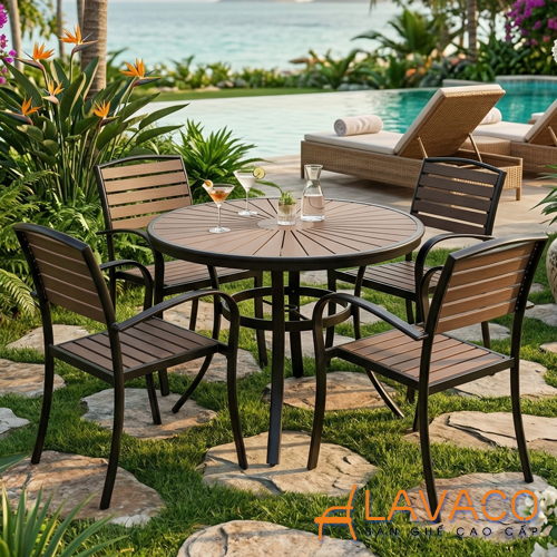 Bộ bàn tròn sân vườn khung nhôm mặt gỗ nhựa hiện đại Bo-ban-tron-san-vuon-khung-nhom-mat-go-nhua-hien-dai