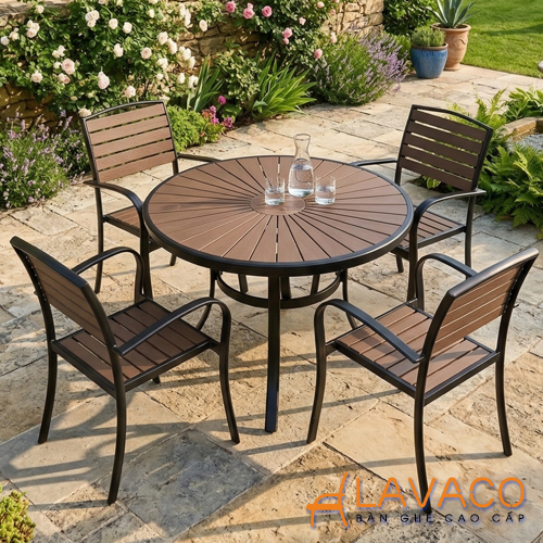 Bộ bàn tròn sân vườn khung nhôm mặt gỗ nhựa hiện đại Bo-ban-tron-san-vuon-khung-nhom-mat-go-nhua-hien-dai
