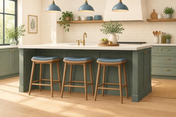 Đảo bếp nhà ở có ba ghế bar xếp đều dọc một bên