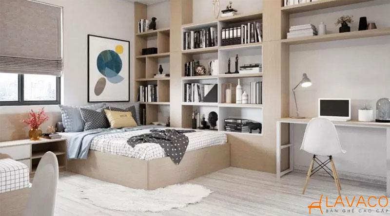 Đặt kệ sách ở cuối giường hoặc bên hông giường