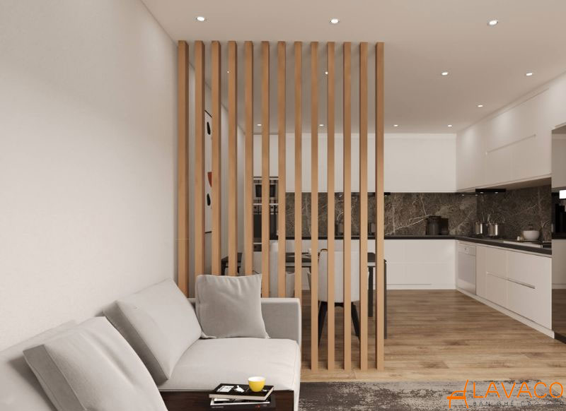 Có thể chọn màu kệ tương đồng với sàn gỗ, sofa