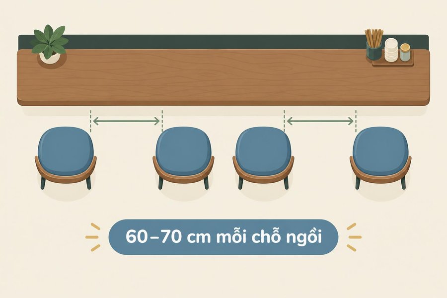 Sơ đồ khoảng cách 60–70 cm cho mỗi chỗ ngồi ở quầy bar