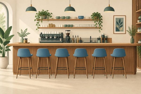 Quầy bar quán cafe nhỏ với 6 ghế bar xếp đều khoảng cách