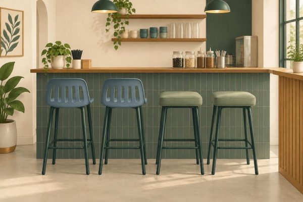 Quầy quán trà sữa có ghế bar nhựa và ghế bọc nệm đặt cạnh nhau để so sánh