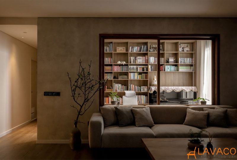 Decor kệ sách phòng khách theo phong cách Japandi