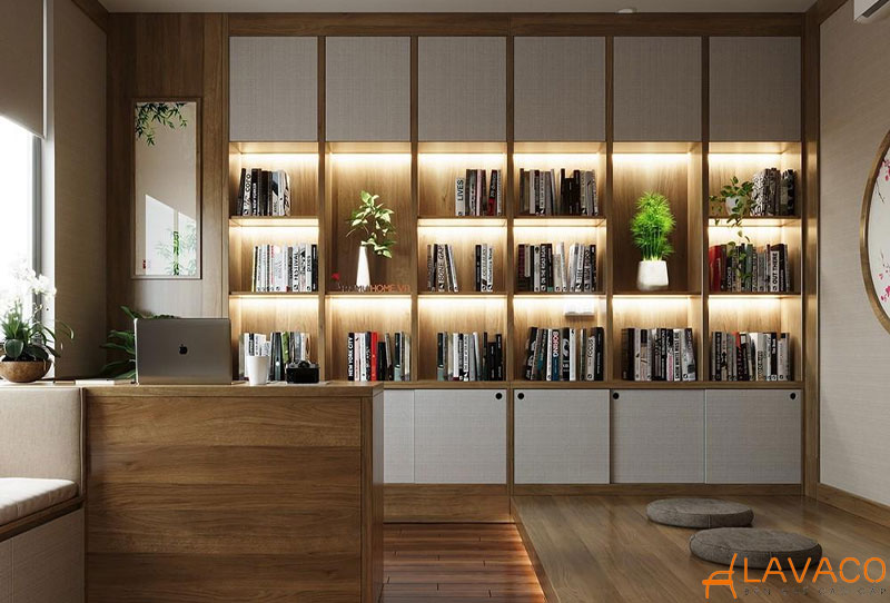 Decor kệ sách phòng khách theo phong cách Japandi