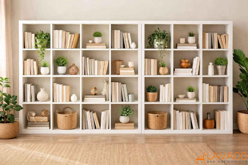 Ý tưởng decor kệ sách ấn tượng bằng phụ kiện